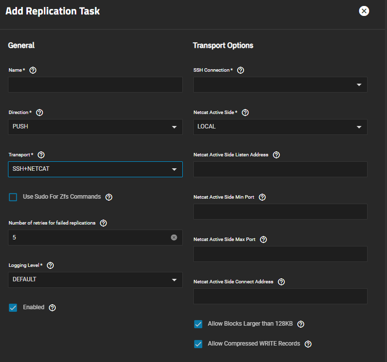 Advanced Add Replication Task SSH+NETCAT Transport