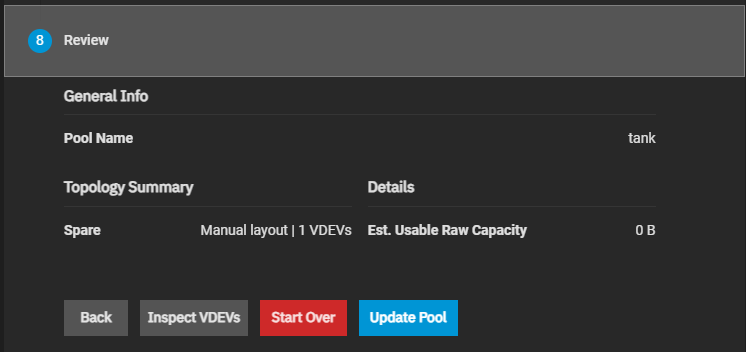 Add Vdev to Pool Review Screen