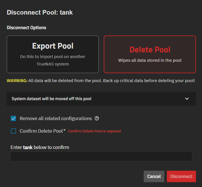 Disconnect Delete Pool Window