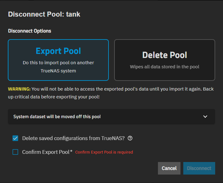 Disconnect Export Pool Window