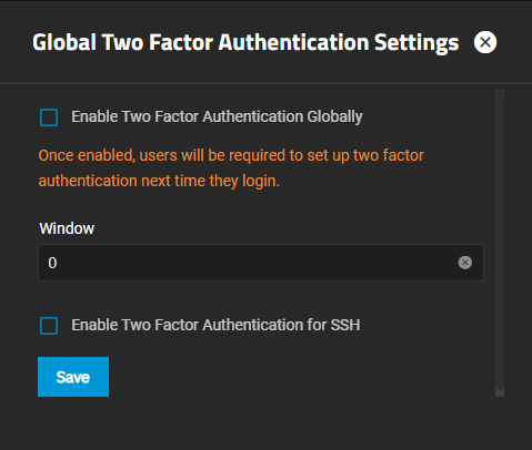 Global Two Factor Authentication Settings Screen