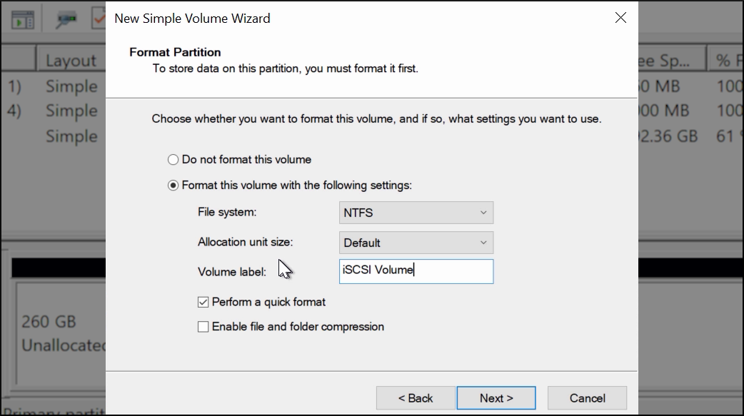 Windows ISCSI Disk New Volume Options WindowsISCSIDiskNewVolumeOptions