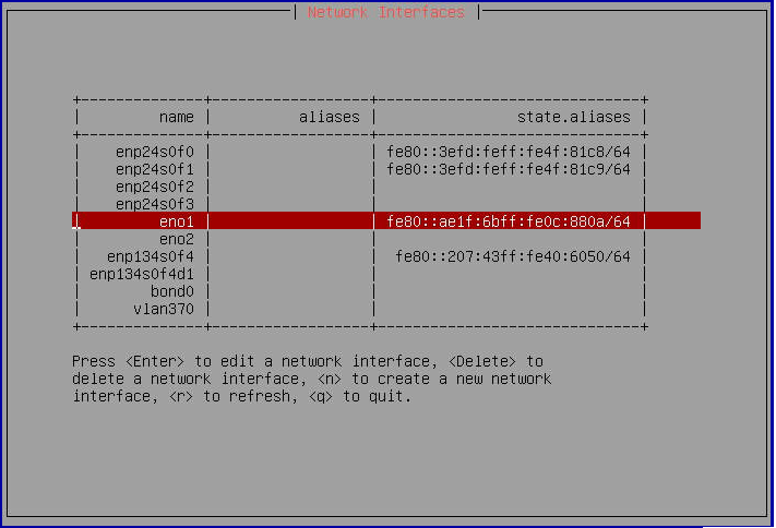 Network Interfaces Screen Network Interfaces Screen
