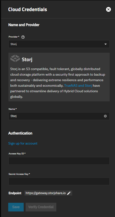 Adding Storj Cloud Credentials Adding Storj Cloud Credentials