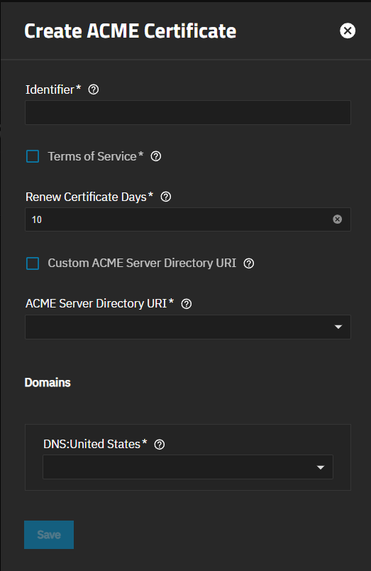 Create ACME Certificate Screen Create ACME Certificate Screen