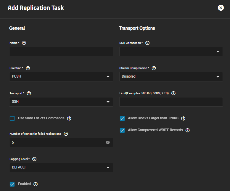 Advanced Add Replication Task SSH Transport Advanced Add Replication Task SSH Transport