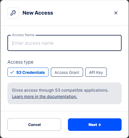 Storj New Access Key Window Storj New Access Key Window