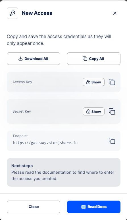 Storj S3 Credentials Generated Storj S3 Credentials Generated