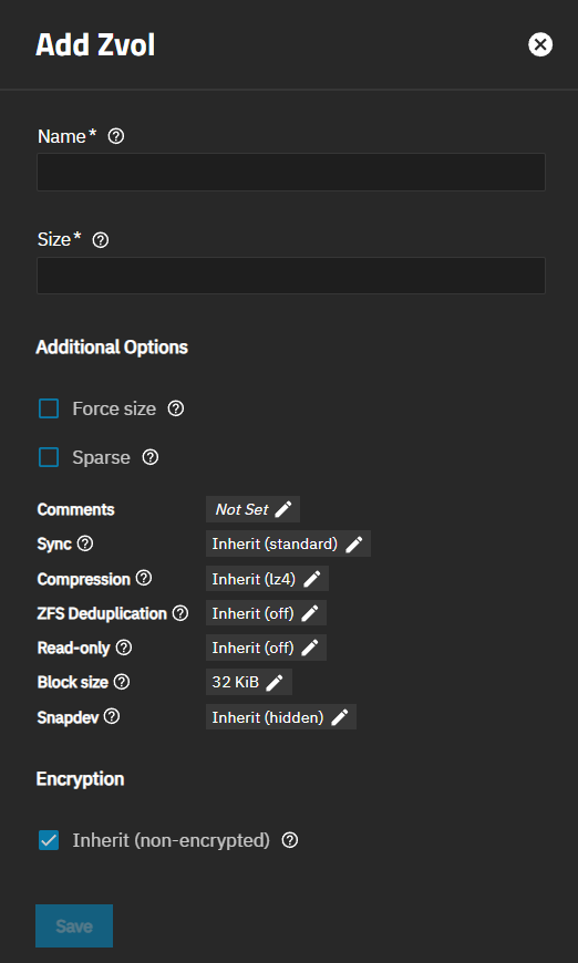 Add Zvol Screen Add Zvol Screen