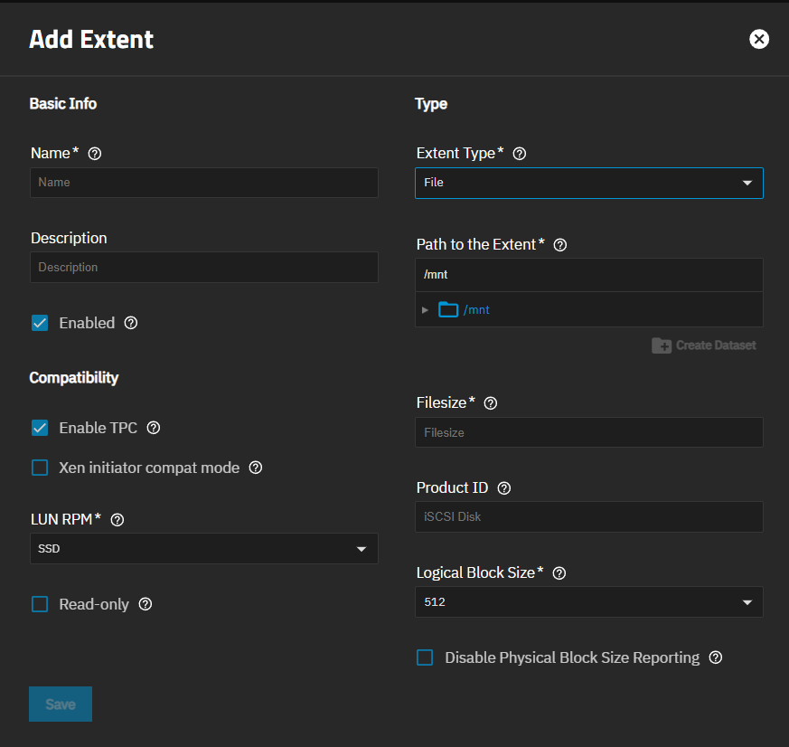 Edit iSCSI Extent File Type Edit iSCSI Extent File Type
