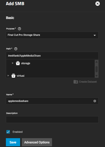 Add Final Cut Pro Storage Share - Basic Options Add Final Cut Pro Storage Share - Basic Options