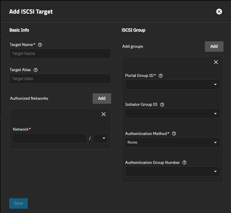 Add iSCSI Target Screen Add iSCSI Target Screen