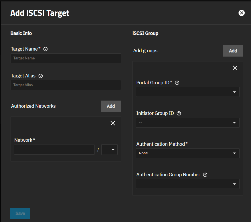 Add iSCSI Target Screen Add iSCSI Target Screen