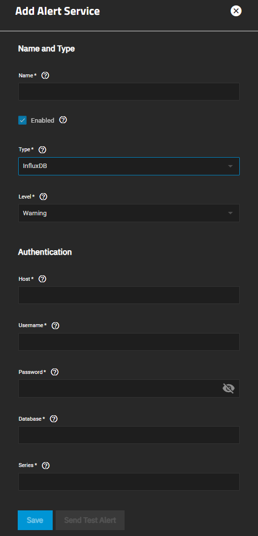 Add InfluxDB Alert Service AddAlertServiceInfluxDBScreen