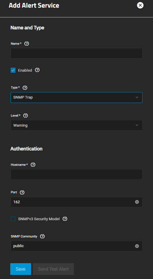 Add SNMP Trap Alert Service AddAlertServiceSNMPTrapScreen