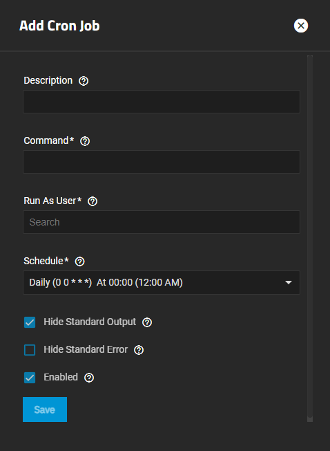 TrueNAS Add Cron Job Screen AddCronJobsScreen