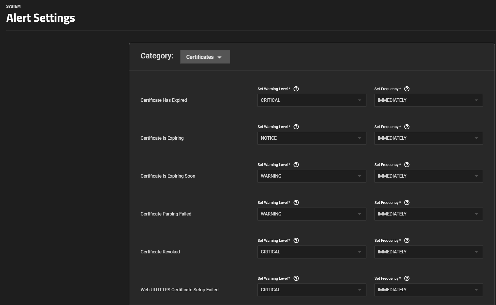 Certificates Alert Settings AlertSettingsCertificates