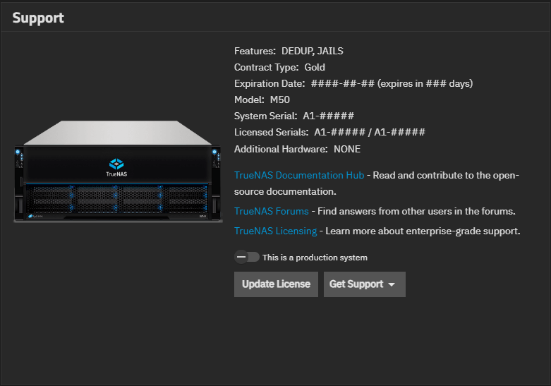 TrueNAS General Settings Support License Entry Complete GeneralSettingsSCALESupportLicenseComplete