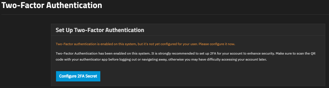 User Two-Factor Authentication Actions Screen User Two-Factor Authentication Actions Screen